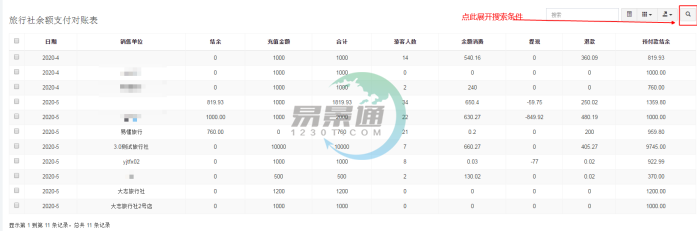 蓝冠注册景区分销系统：旅行社余额支付对帐表